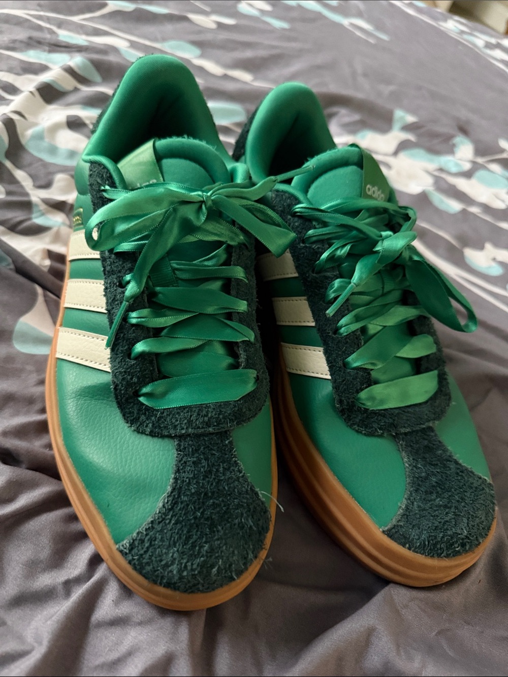adidas Women’s Green Leather & Suede Sneakers with Cream Stripes